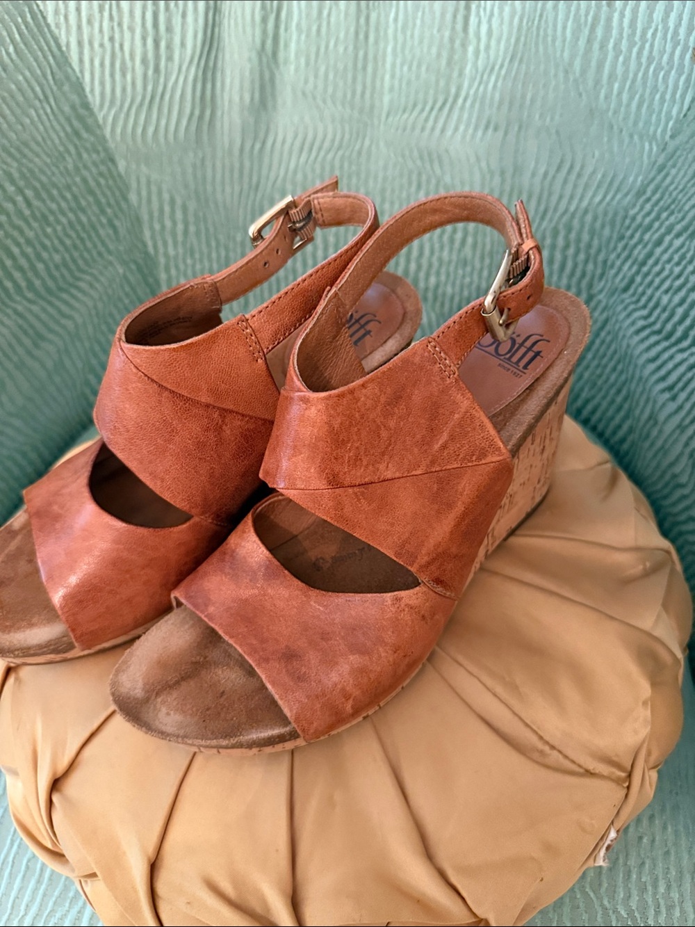 Sofft Rust Brown Leather Crossover Wedge Sandals